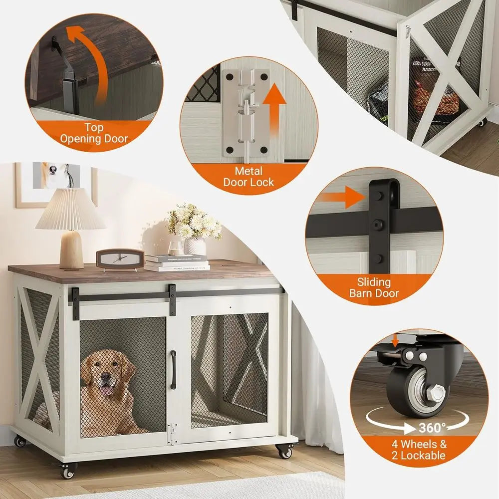 37 Sliding Barn Door Dog Crate Furniture, Wooden Top Kennel End Table, Medium Dog House, Two-Tone Brown & White