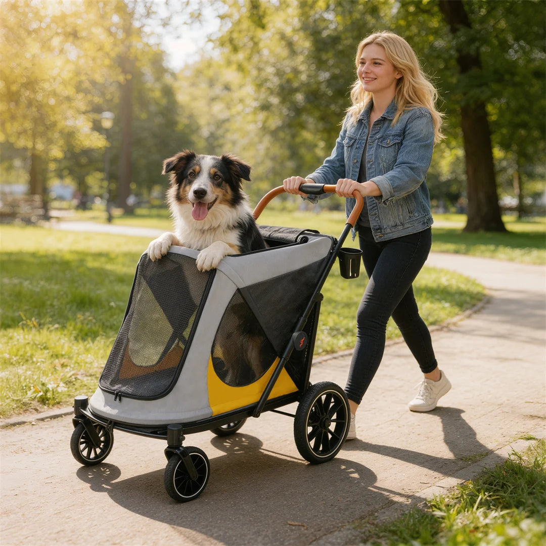 Portable Dog Stroller for Large Dogs: Outdoor Pet Stroller with One-Click Folding Dual Entry Pet Stroller Jogger Cart on Wheels, Storage Pockets, for Dogs Up to 42kg