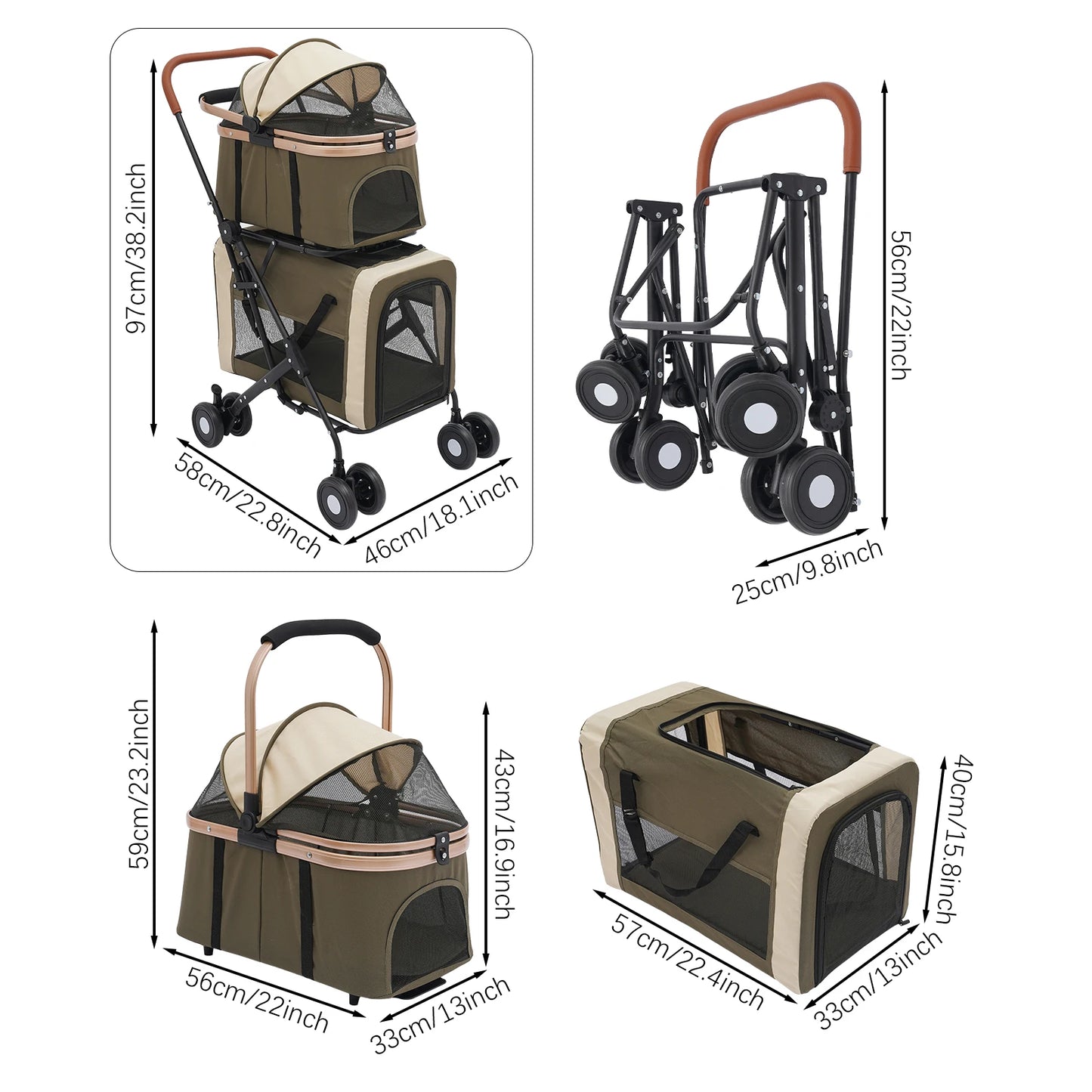 Foldable Pet Stroller for Small/Medium Pets—18.1x22.8x38.2in, 2-Tier Design+Safety Locks, Sunshade+Cushions, Ideal for Travel