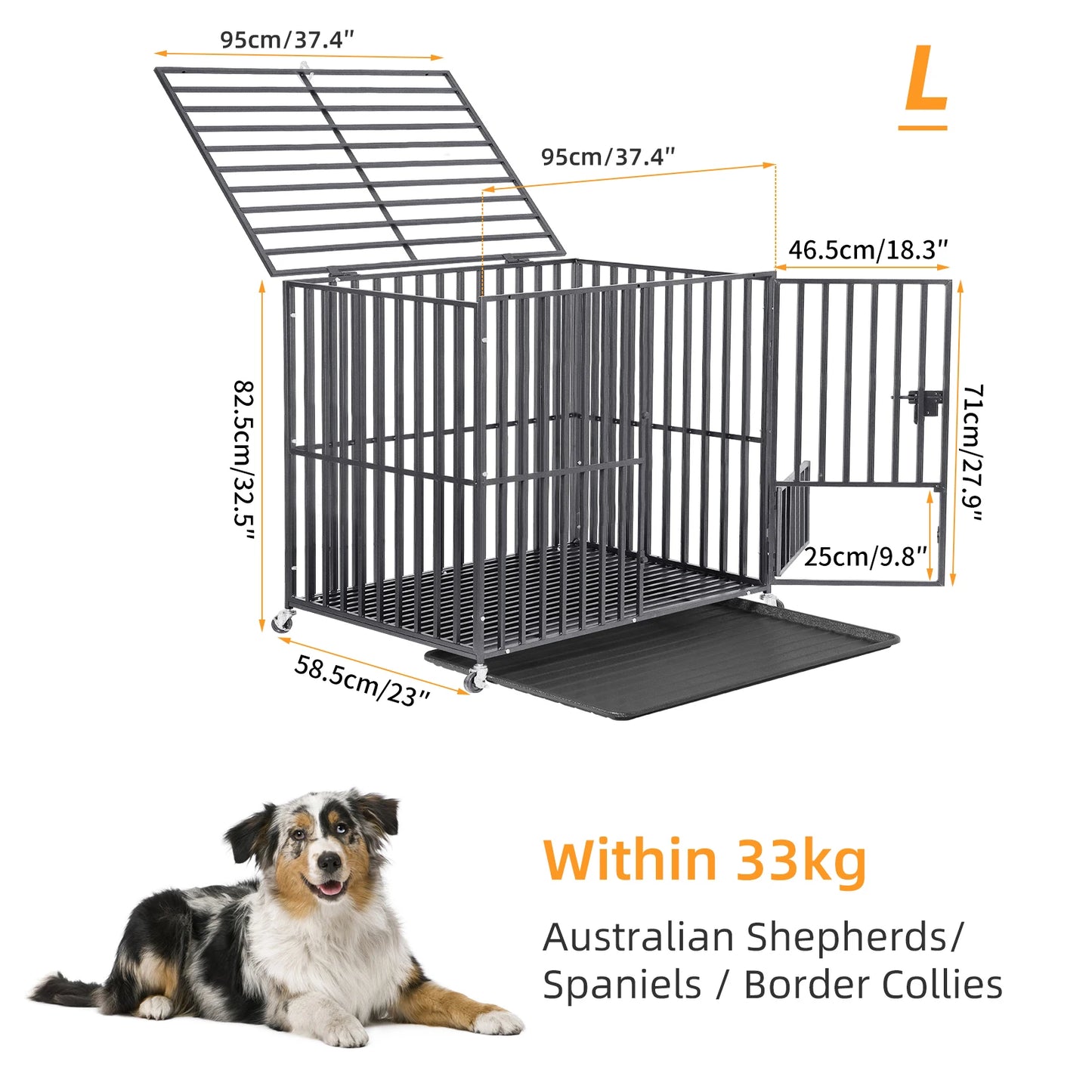 XXL XL Large Heavy Duty Dog Crate Strong Pet Cage Tear Resistant Square Tube Metal Kennel Playpen with Lockable Wheels and Tray