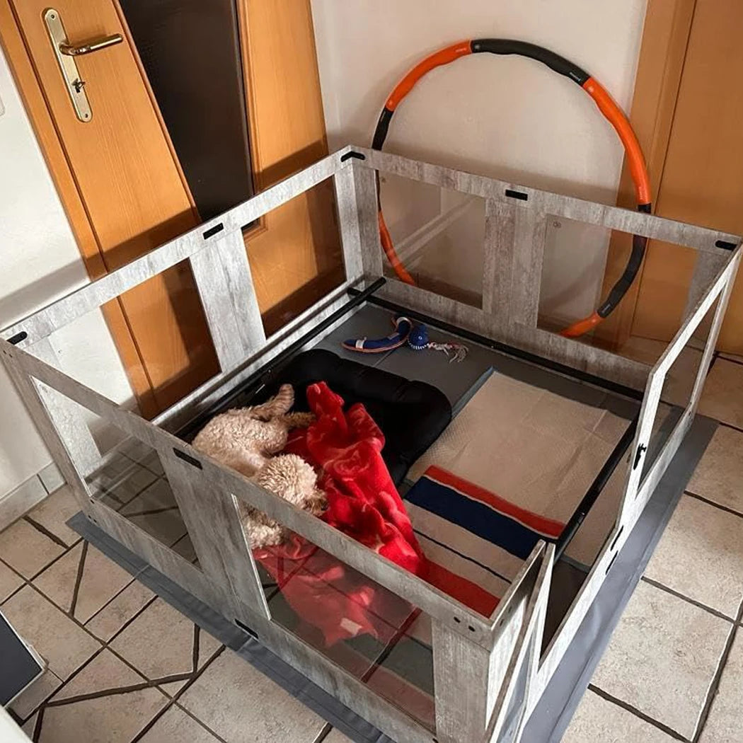 Heavy Duty Dog Whelping Box Indoor Tempered Glass Pet Dog Playpen Kennel Cage Training Enclosure Fence Rails with Waterproof Mat