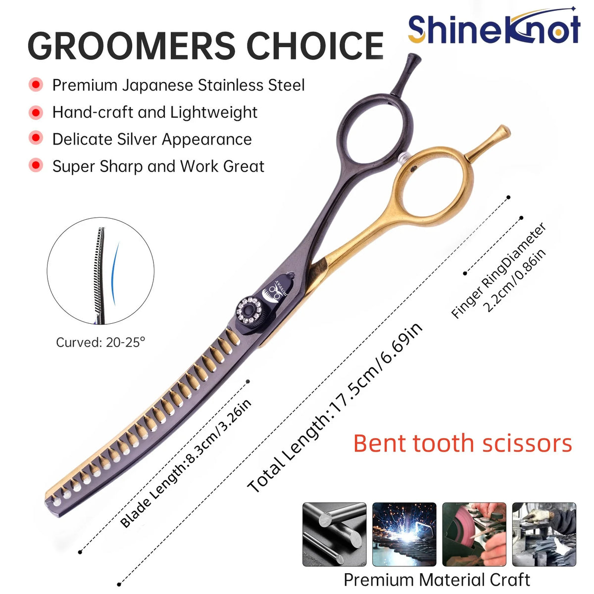 SHINEKNOT Pet Grooming Scissors 7.0-Inch Black Goldfish Bone Dense Teeth Curved Teeth Scissors For Trimming Hair Pet Scissors