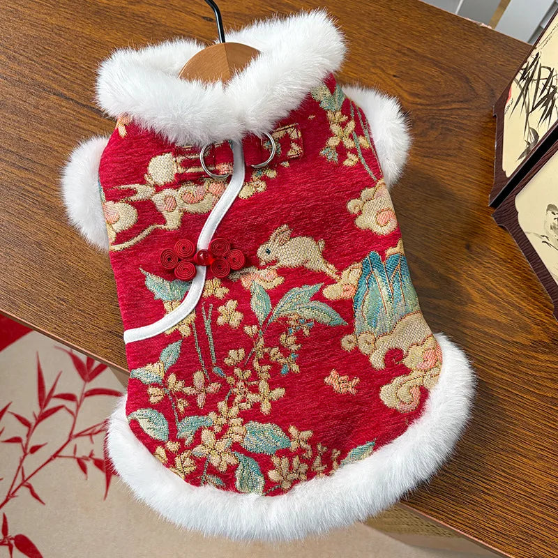 New Year's Pet Dog Cat Clothing Autumn Winter Thick Velvet Dog Red Vest Tang Clothing Teddy Bear Chinese Pet Cat VestCat Clothes