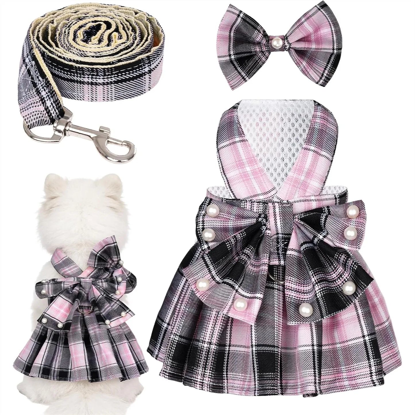 Dog Plaid Dress Harness and Leash Set with Bow for Small Girl Dog Cat Adjustable Mesh Vest