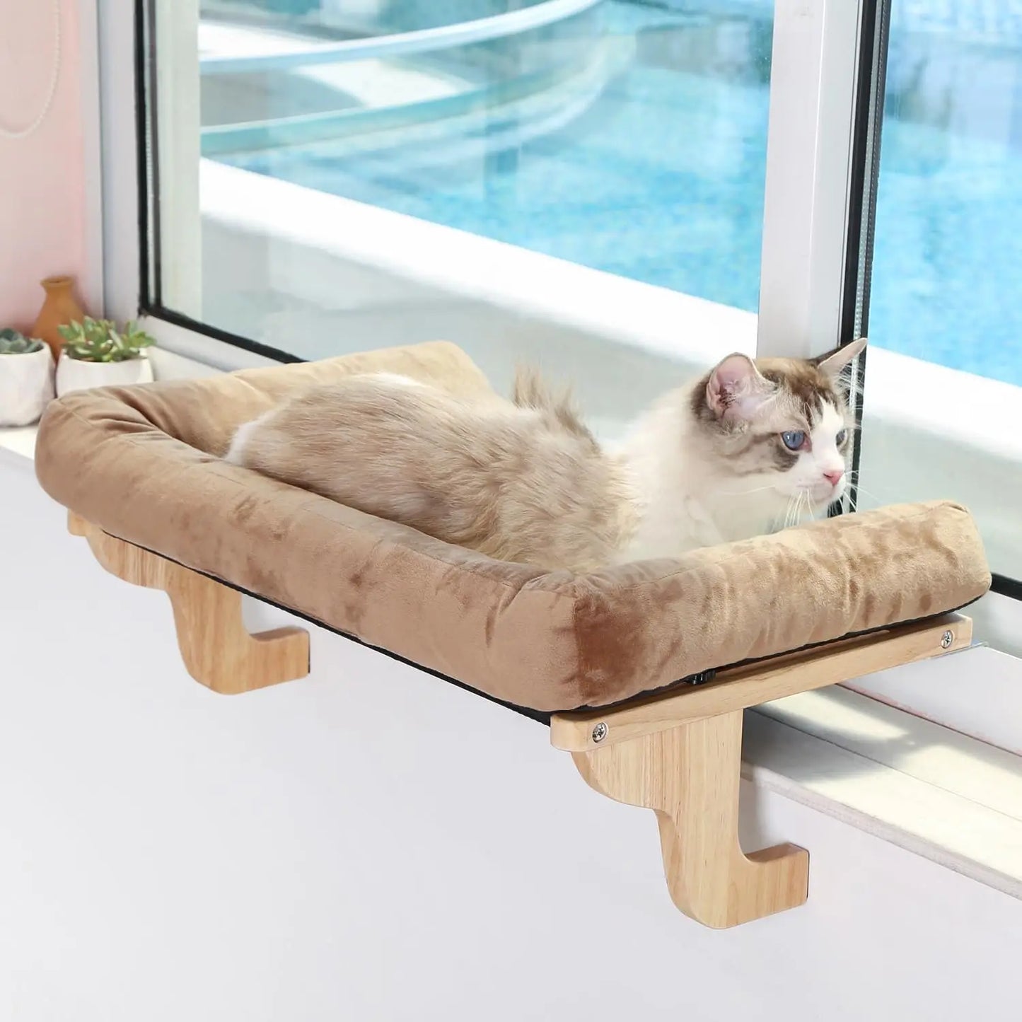 Cat Perch for Window Sill with Bolster - Orthopedic Hammock Design with Premium Hardwood & Robust Metal Frame - Cat Window Seat for Large Cats - Natural Color Wood Gray Bed, 26.4''W