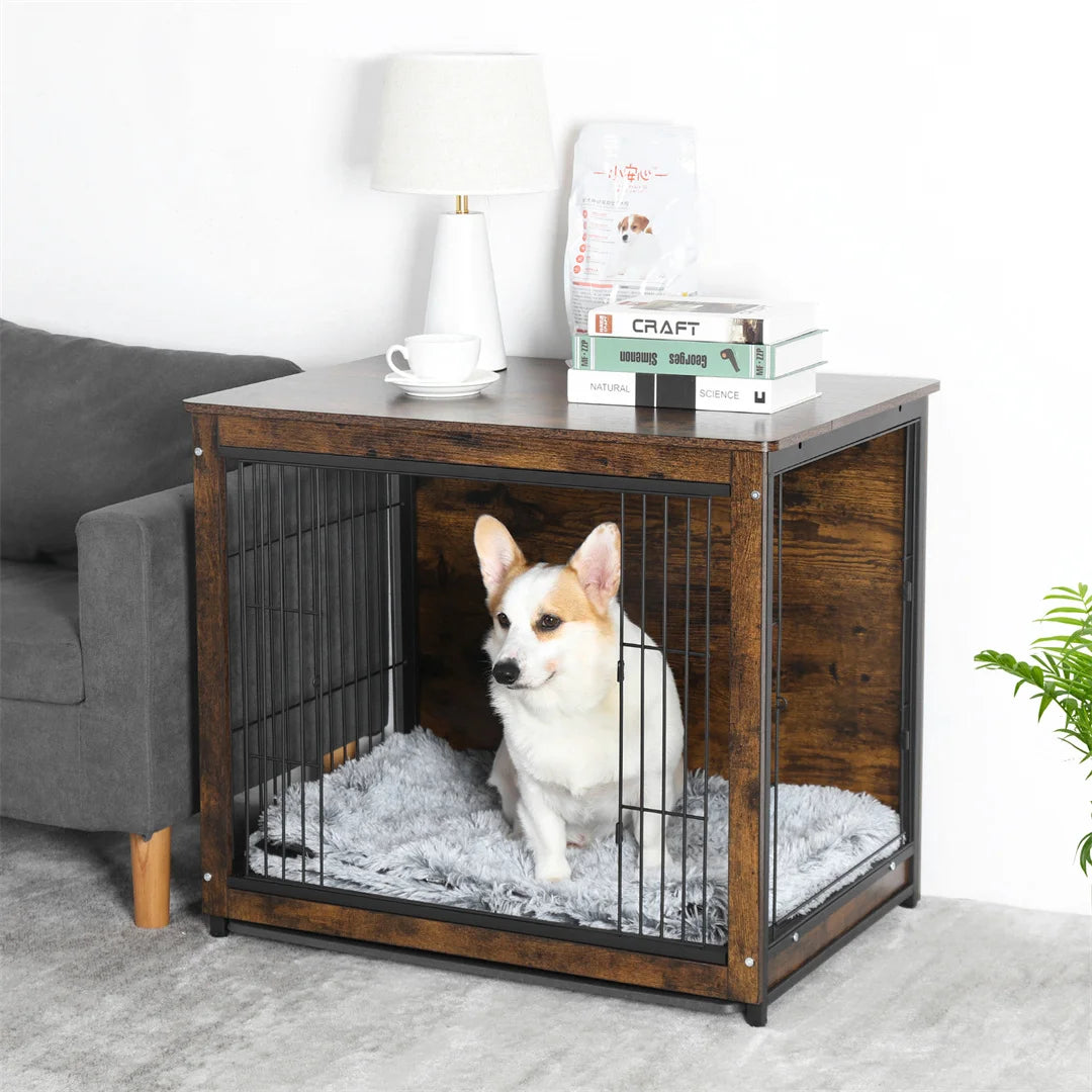 Spacious Brown Wooden Dog Cage End Table Pet Kennel Crate Indoor Furniture for Medium to Large Dogs Animal Cage