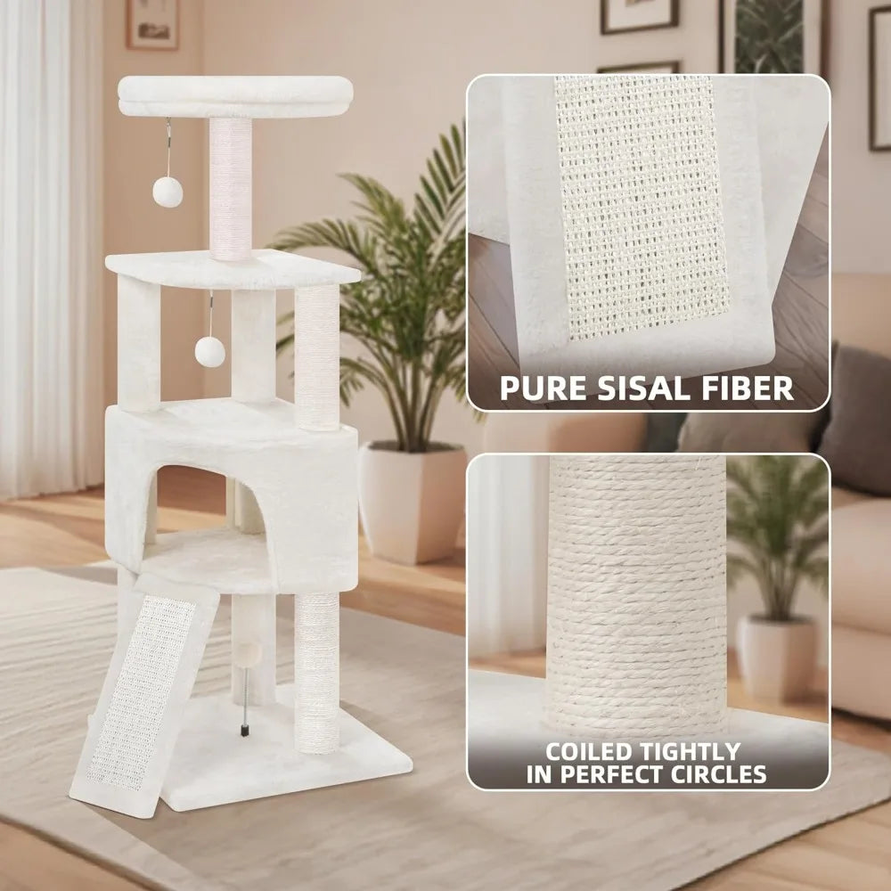 45 Inch Multi Level Cat Tower with Condo Scratching Posts Board and Toys for Indoor Small Spaces Beige