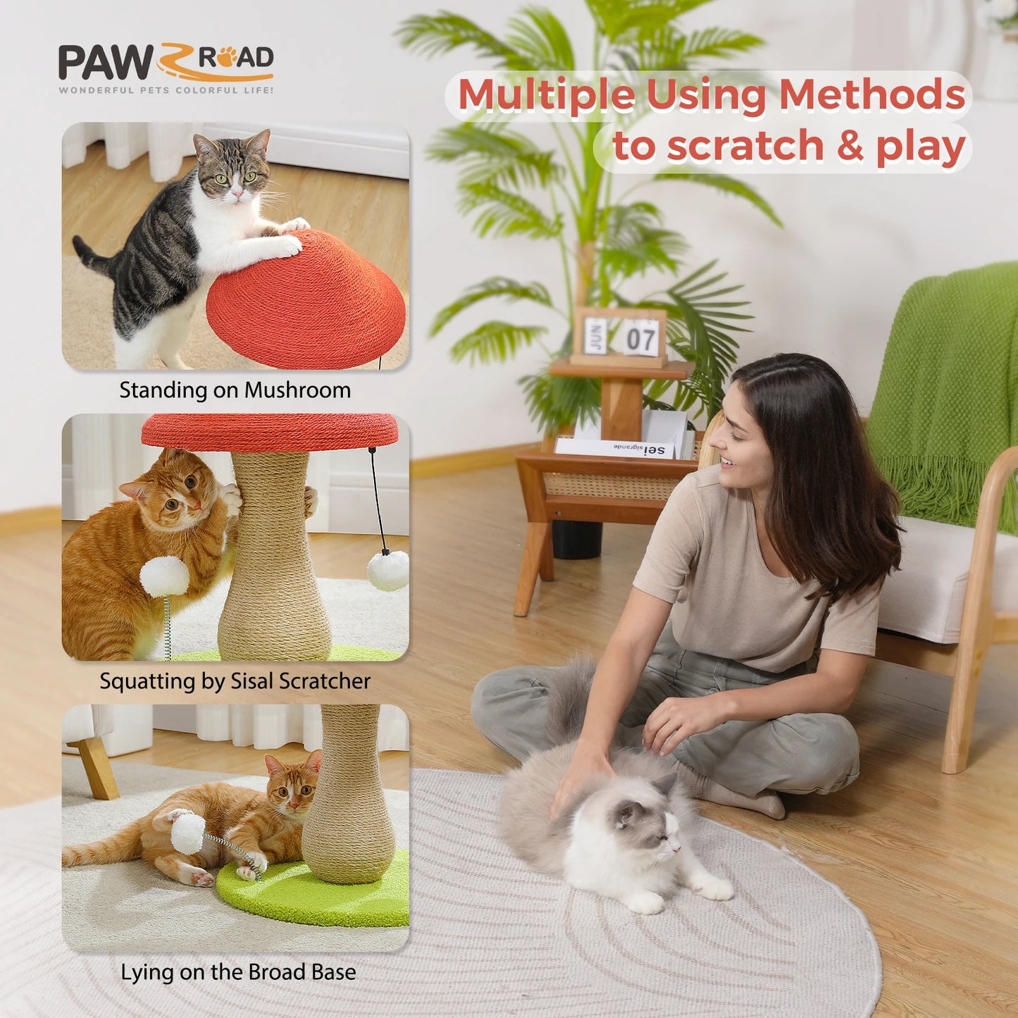 Mushroom Cat Scratching Post, Cat Scratcher Cute with 100% Sisal Covered Scratching Post & Pompoms Cat Toy, Mushroom Cat Post