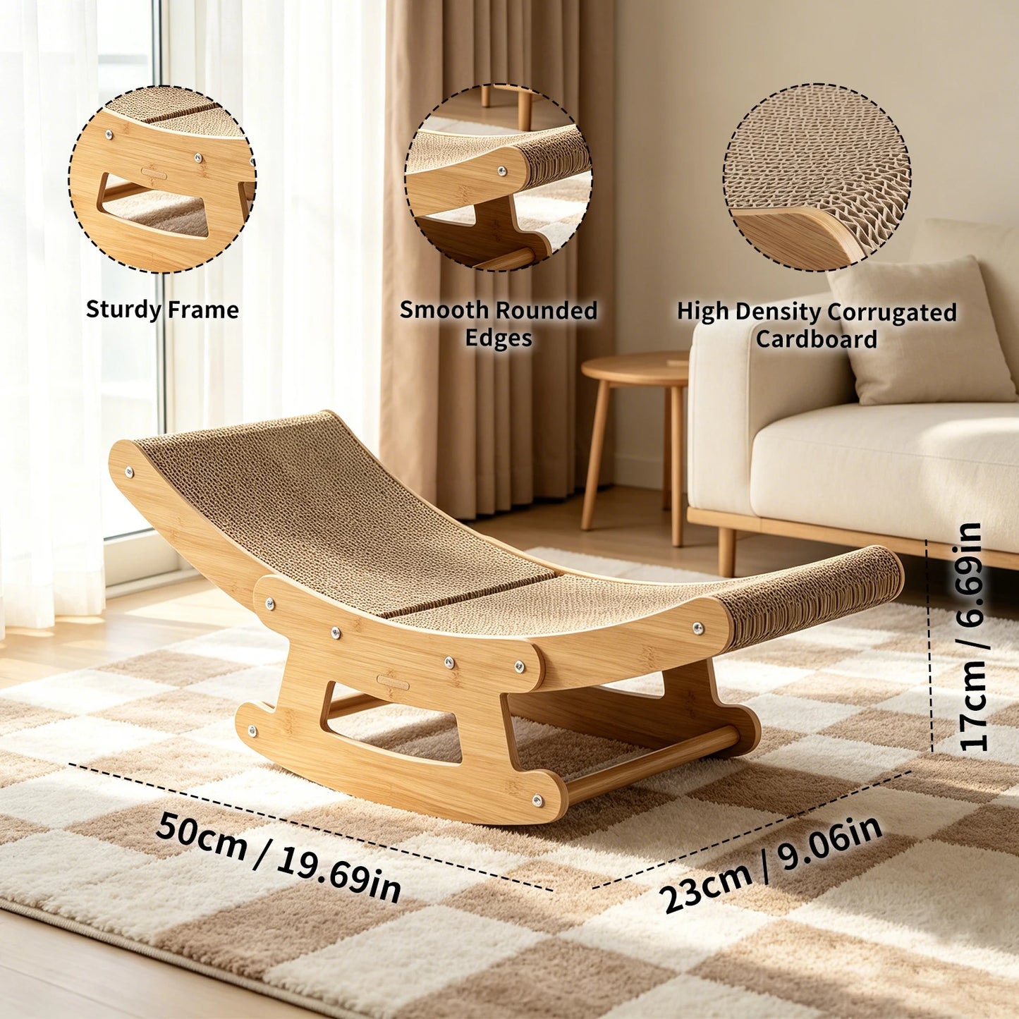 Cat Rocking Scratcher Chair for Indoor Cats, 2-in-1 Natural Corrugated Cardboard Cat Scratching Lounge, Wooden Frame Rocker Bed, Multi-Functional Cat Resting Hammock Furniture, Easy to Assemble