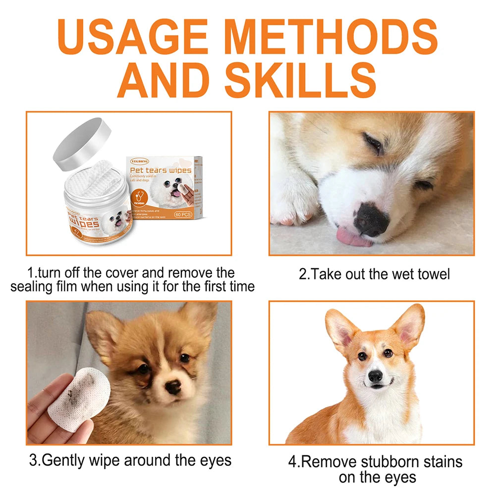 60pcs/set Wet Wipes Universal Disposable Non-woven Cleaning Wipes Ear Stain Remover Dog Cat Wipes Grooming Tools Pet Accessories