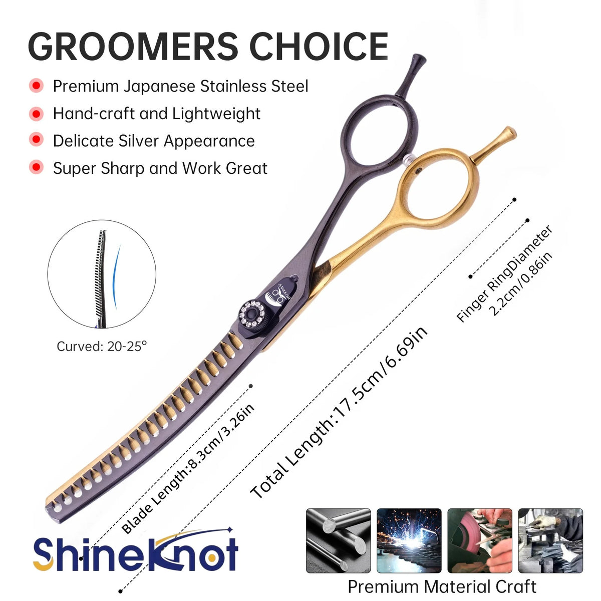 SHINEKNOT Pet Grooming Scissors 7.0-Inch Black Goldfish Bone Dense Teeth Curved Teeth Scissors For Trimming Hair Pet Scissors