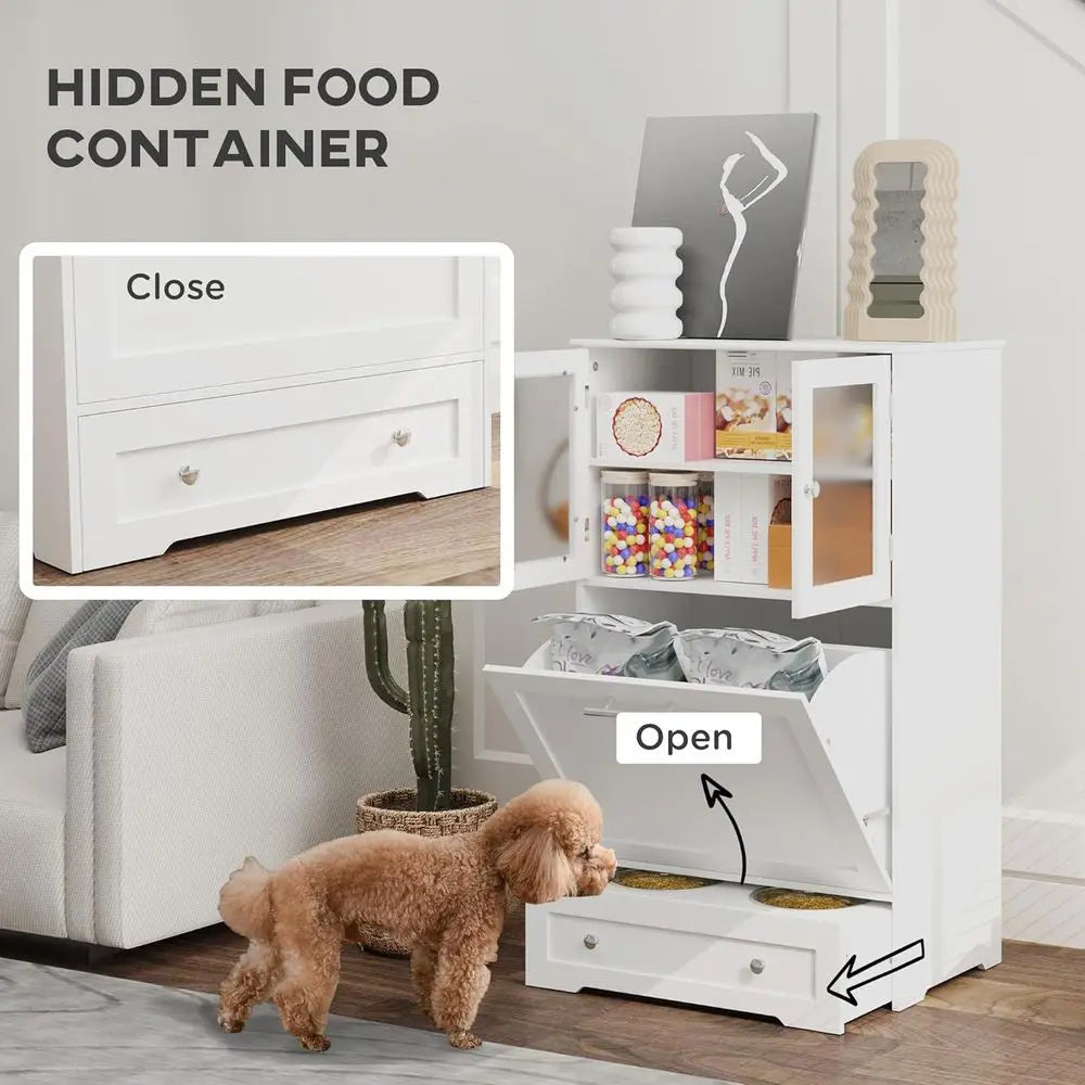 Dog Feeding Station with 2 Storage Cabi, Elevated Bowls, Side Hooks, Anti-tip Kit, Hidden Pet eeder Station or eeding & Watering,