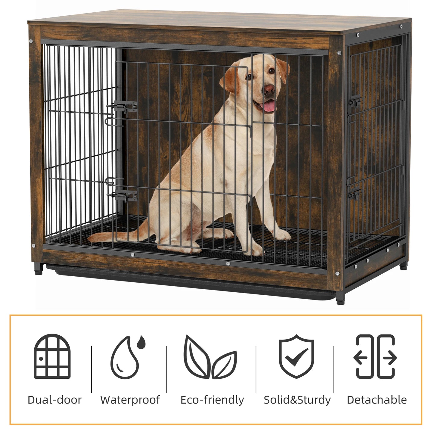 Spacious Brown Wooden Dog Cage End Table Pet Kennel Crate Indoor Furniture for Medium to Large Dogs Animal Cage