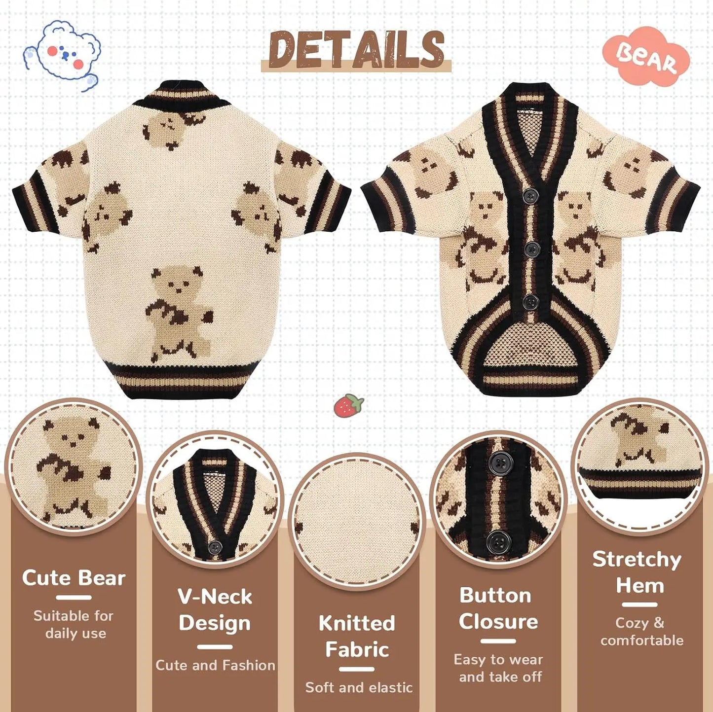 Small Dog Sweater Cute Bear Cardigan for Small Medium Dogs Boy Girl Puppy Cat Knit Autumn Coat Warm Soft Pet Apparel