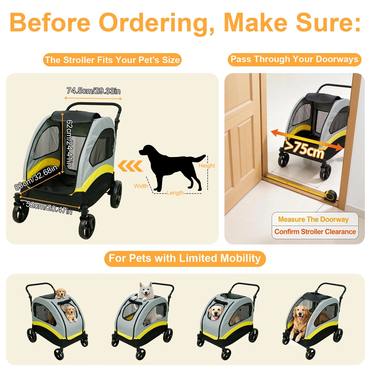 Premium Dog Stroller Pram 4 Wheel Foldable Cart Travel Walk Pet Jogger Wagon for Small Medium Large Dogs