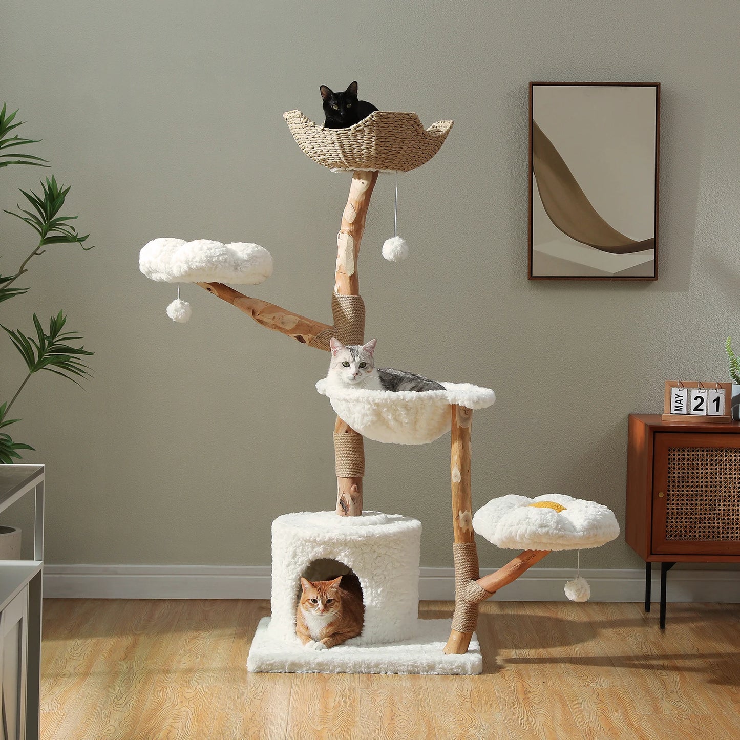 Large Cat Tree Tower with Sisal Scratching Post Wicker Basket Bed Flower Cat Condo Indoor Modern Cat Furniture Cat Accessories