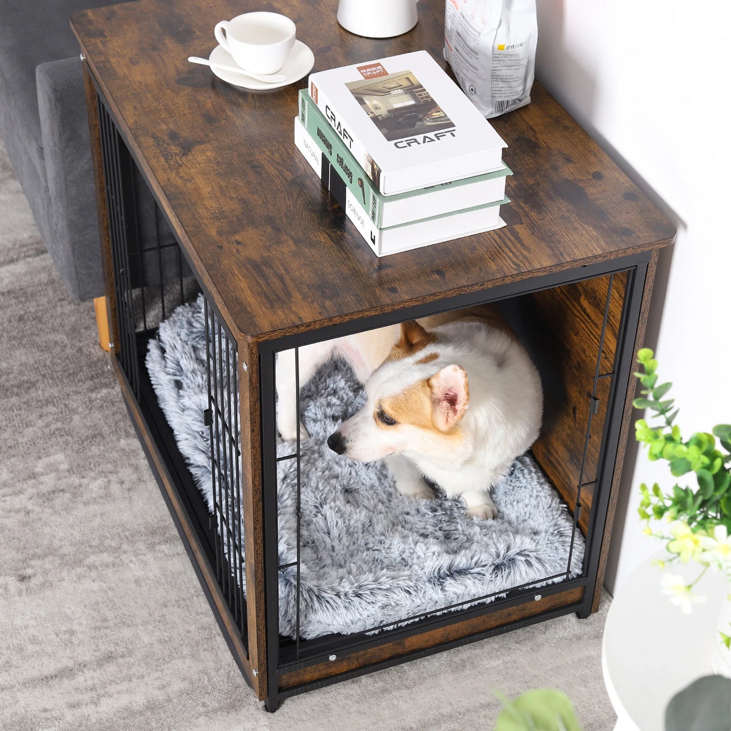 Spacious Brown Wooden Dog Cage End Table Pet Kennel Crate Indoor Furniture for Medium to Large Dogs Animal Cage
