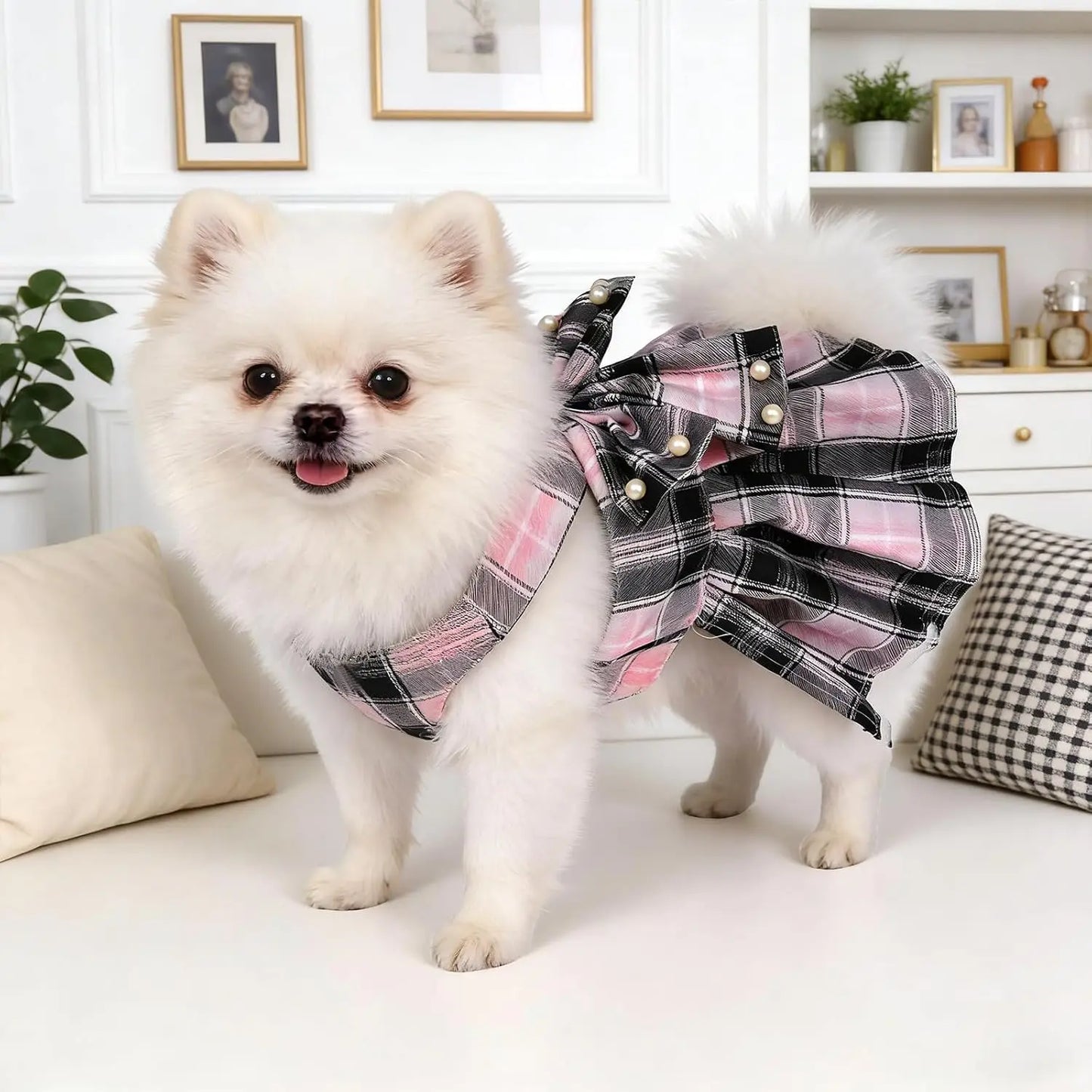 Dog Plaid Dress Harness and Leash Set with Bow for Small Girl Dog Cat Adjustable Mesh Vest