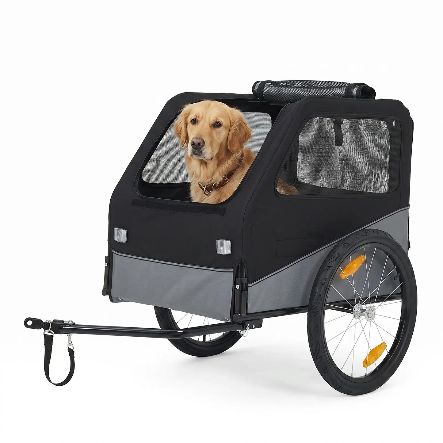 Foldable Dog Bike Trailer, Heavy Duty Steel Frame Pet Bike Carrier, 100 LBS Capacity Oxford Fabric Dog Carrier Bicycle Trailer with Mesh Window Reflectors for Medium Large Dogs & Cats, Black