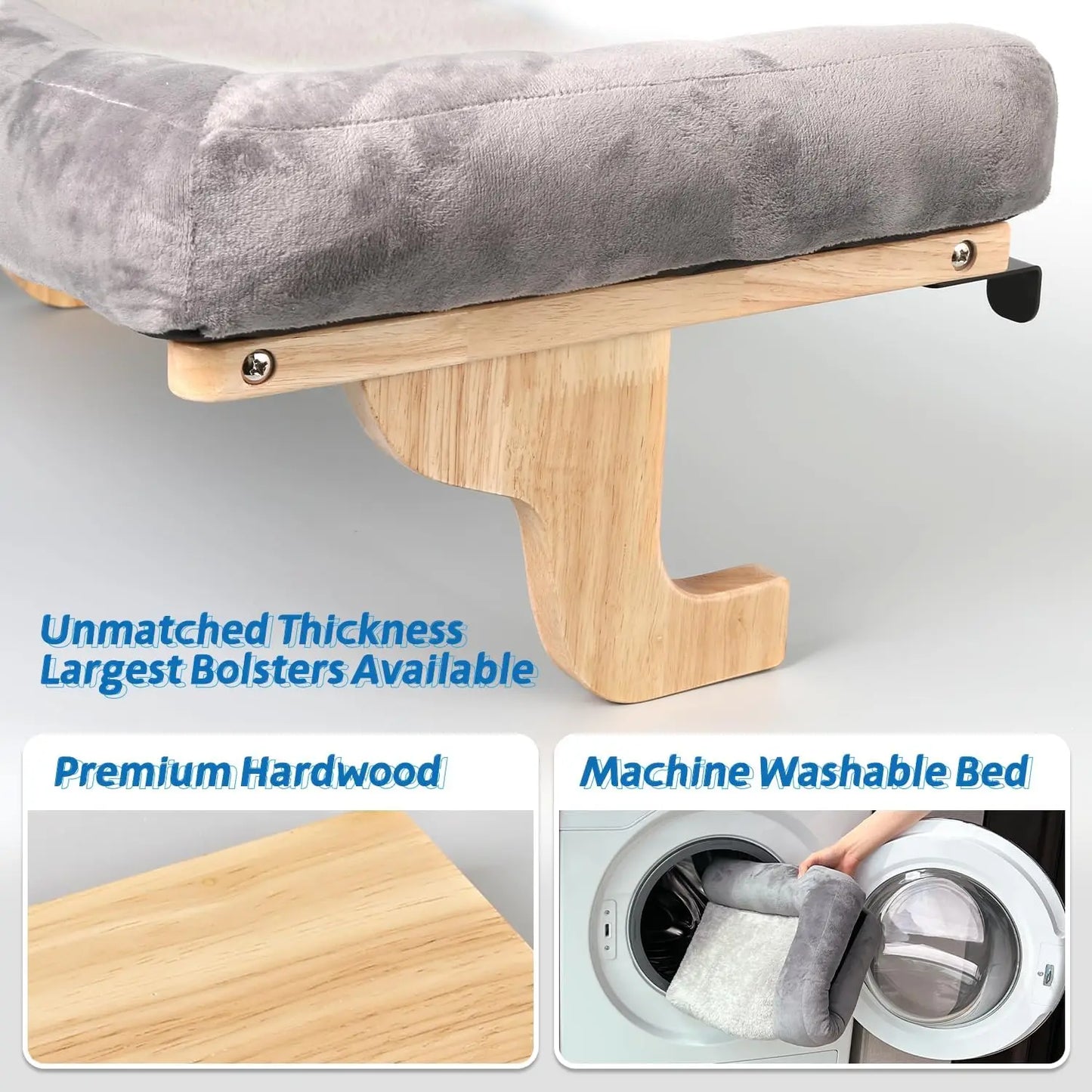 Cat Perch for Window Sill with Bolster - Orthopedic Hammock Design with Premium Hardwood & Robust Metal Frame - Cat Window Seat for Large Cats - Natural Color Wood Gray Bed, 26.4''W