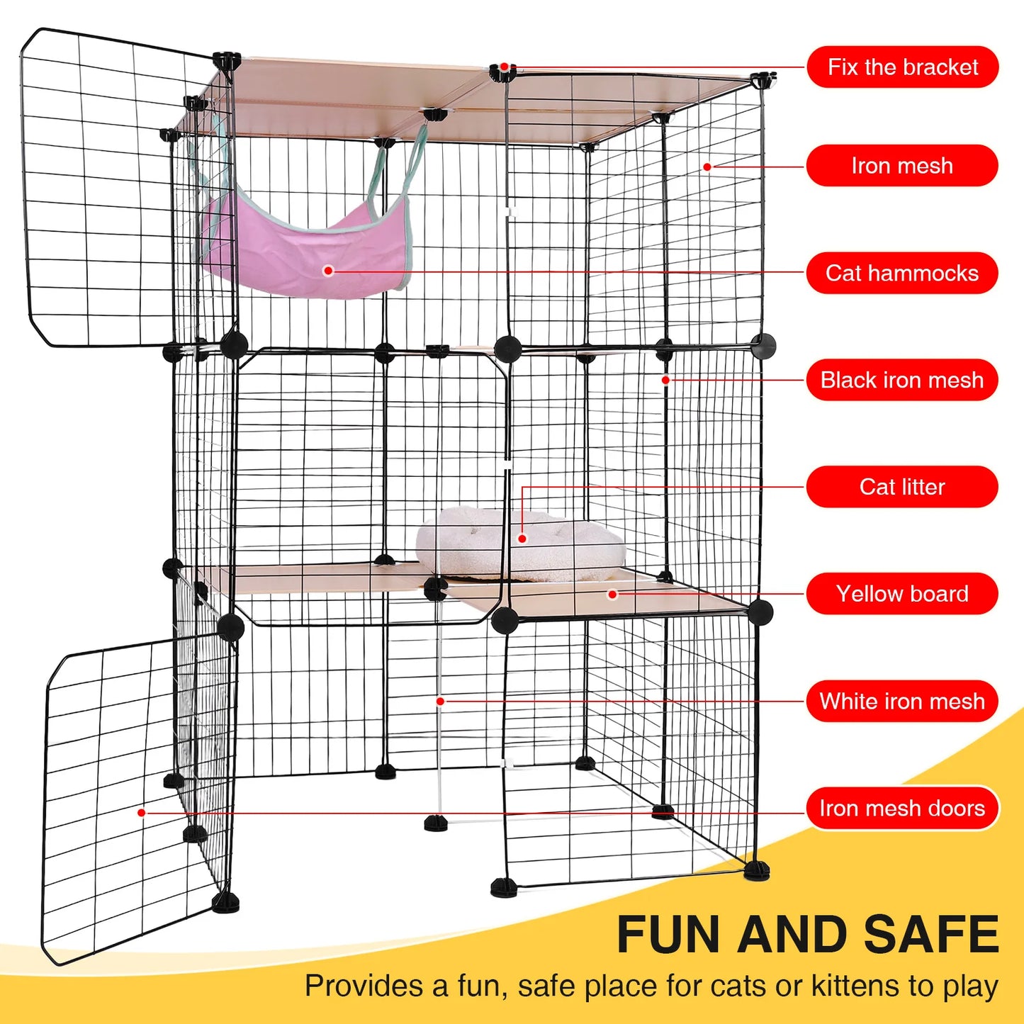 3 Tiers Detachable Cat Cage & Hammock and Bed Cat Wire Kennel Crate Kitten Playpen Cage Large Exercise Place Ideal for 1-3Cats