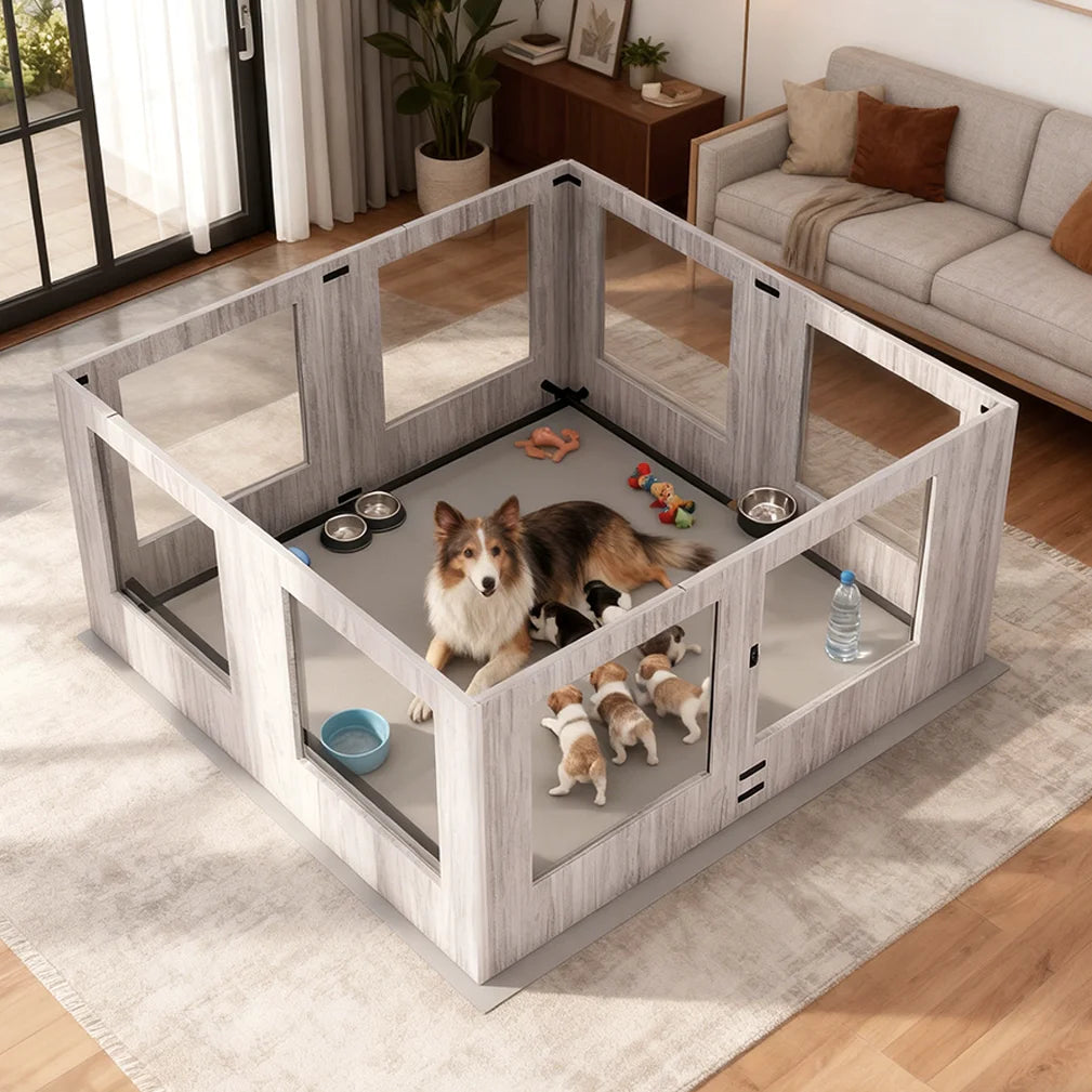 Heavy Duty Dog Whelping Box Indoor Tempered Glass Pet Dog Playpen Kennel Cage Training Enclosure Fence Rails with Waterproof Mat