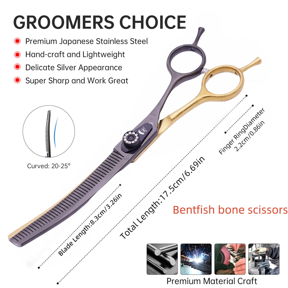 SHINEKNOT Pet Grooming Scissors 7.0-Inch Black Goldfish Bone Dense Teeth Curved Teeth Scissors For Trimming Hair Pet Scissors