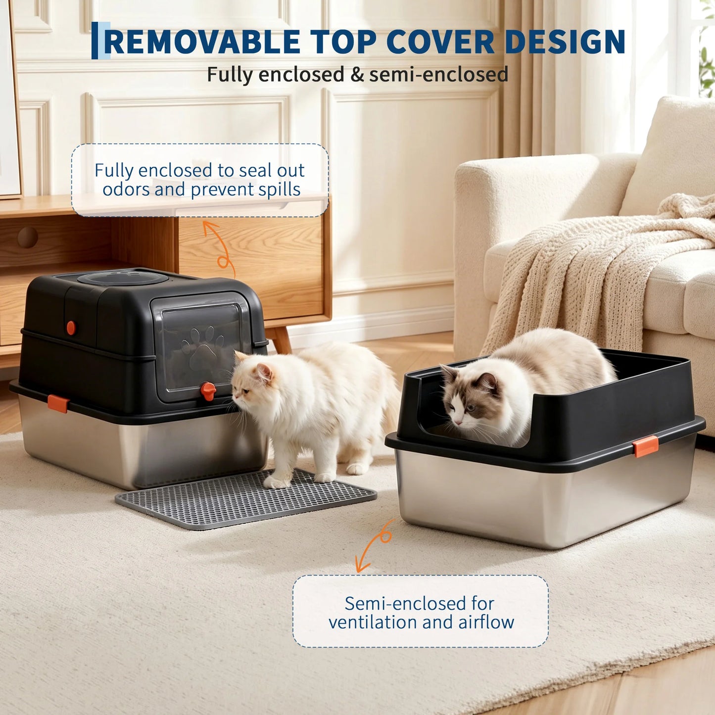 Dog Proof Litter Box Large Stainless Steel Cat Litter Box with Lid, XL Enclosed Metal Litter Pan, Front Entry Top Exit, High-Sided Anti-Leak, Includes Scoop for Big Cats & Multi-Cat Home