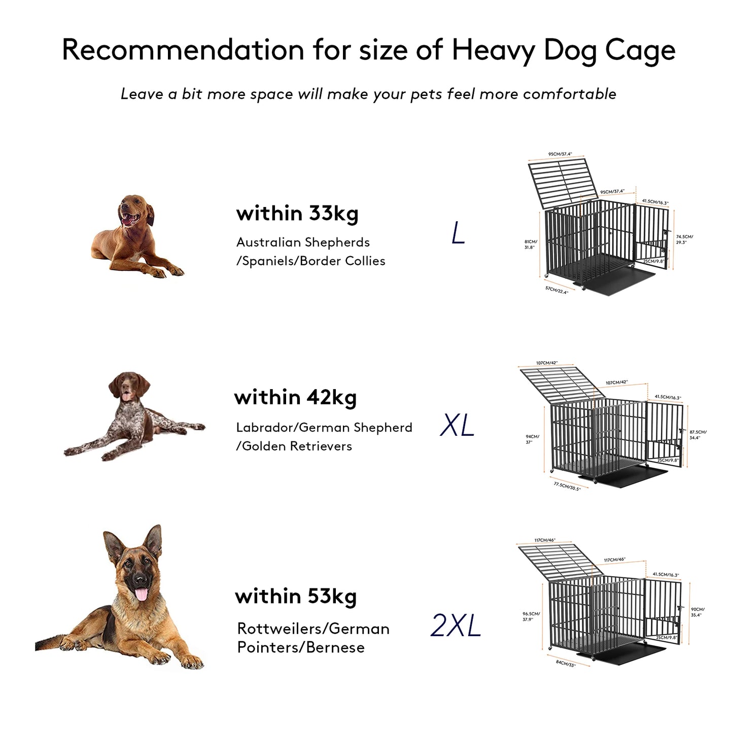 XXL XL Large Heavy Duty Dog Crate Strong Pet Cage Tear Resistant Square Tube Metal Kennel Playpen with Lockable Wheels and Tray