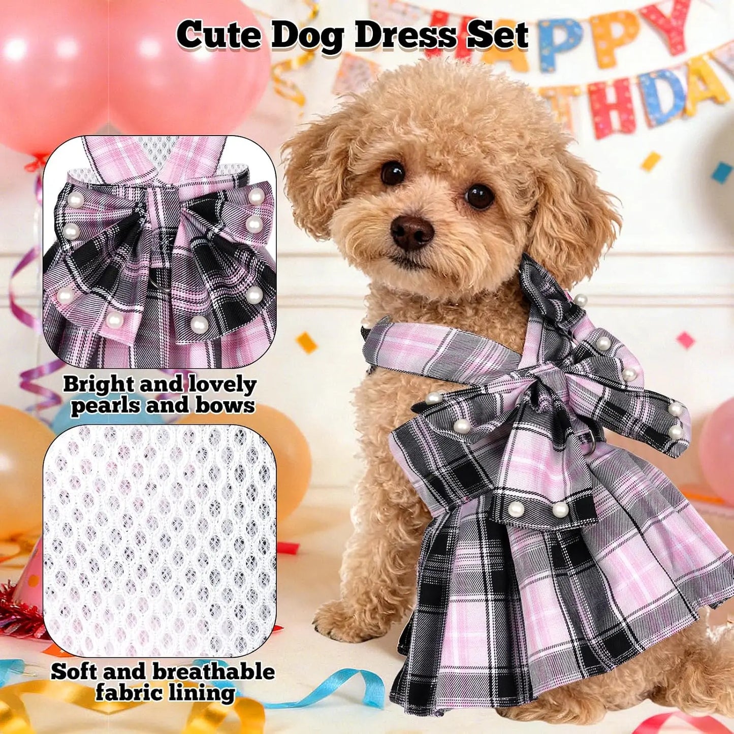 Dog Plaid Dress Harness and Leash Set with Bow for Small Girl Dog Cat Adjustable Mesh Vest