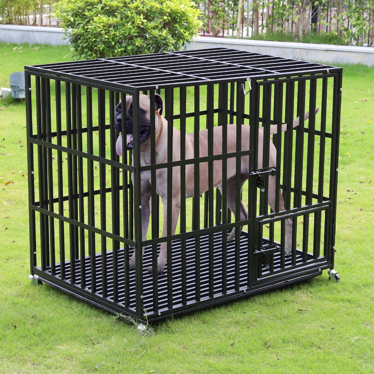 XXL XL Large Heavy Duty Dog Crate Strong Pet Cage Tear Resistant Square Tube Metal Kennel Playpen with Lockable Wheels and Tray