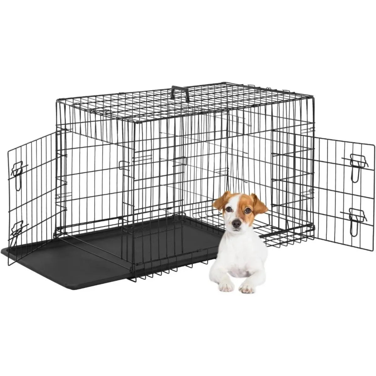 24 Inch Foldable Metal Dog Crate with Double Doors Divider Tray for Small Pets