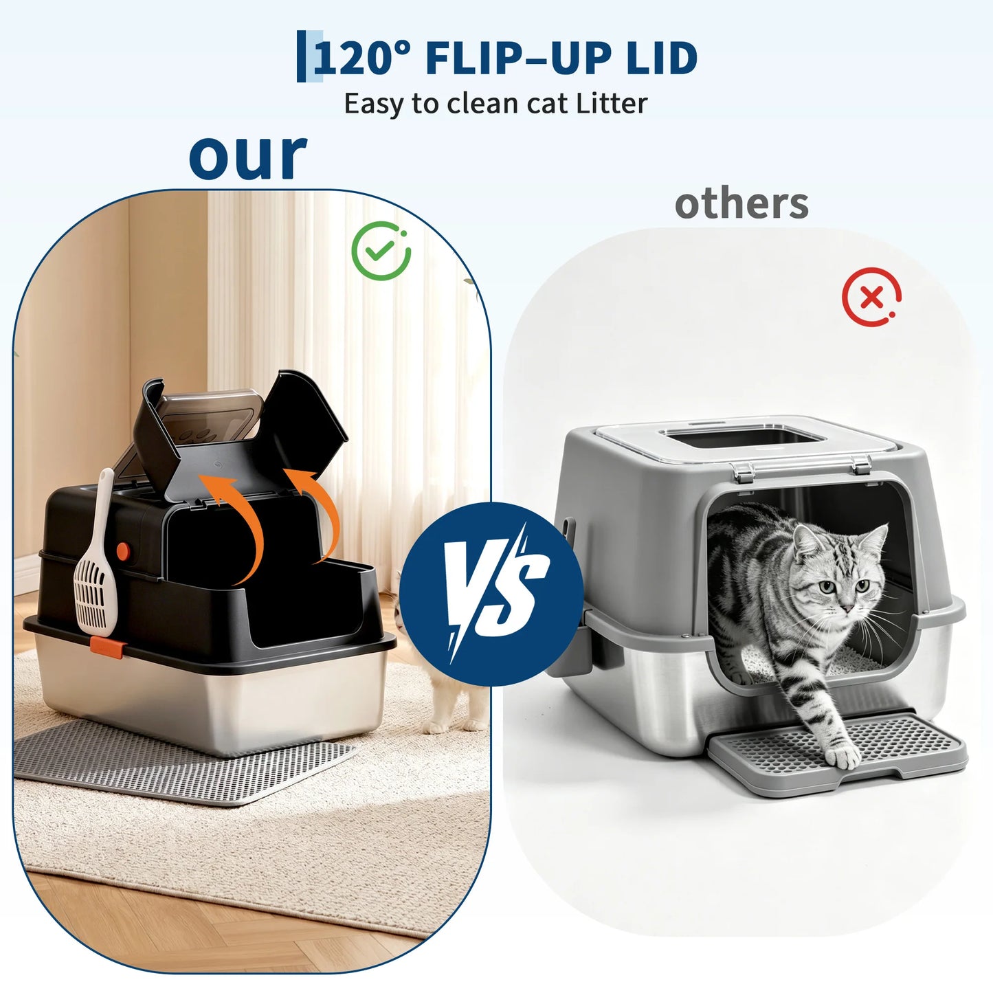 Dog Proof Litter Box Large Stainless Steel Cat Litter Box with Lid, XL Enclosed Metal Litter Pan, Front Entry Top Exit, High-Sided Anti-Leak, Includes Scoop for Big Cats & Multi-Cat Home