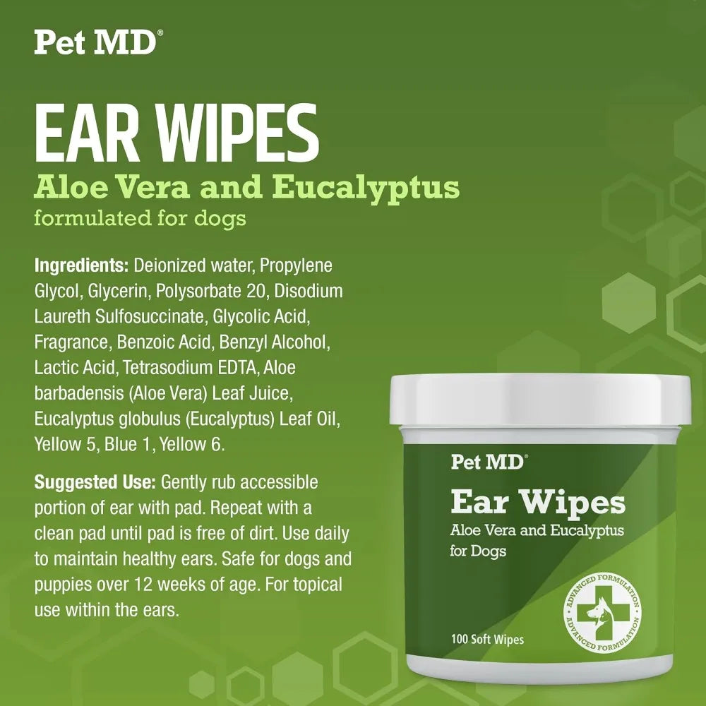 Dog Ear Cleaning Wipes – Otic Cleanser, Aloe & Eucalyptus, 100 Count