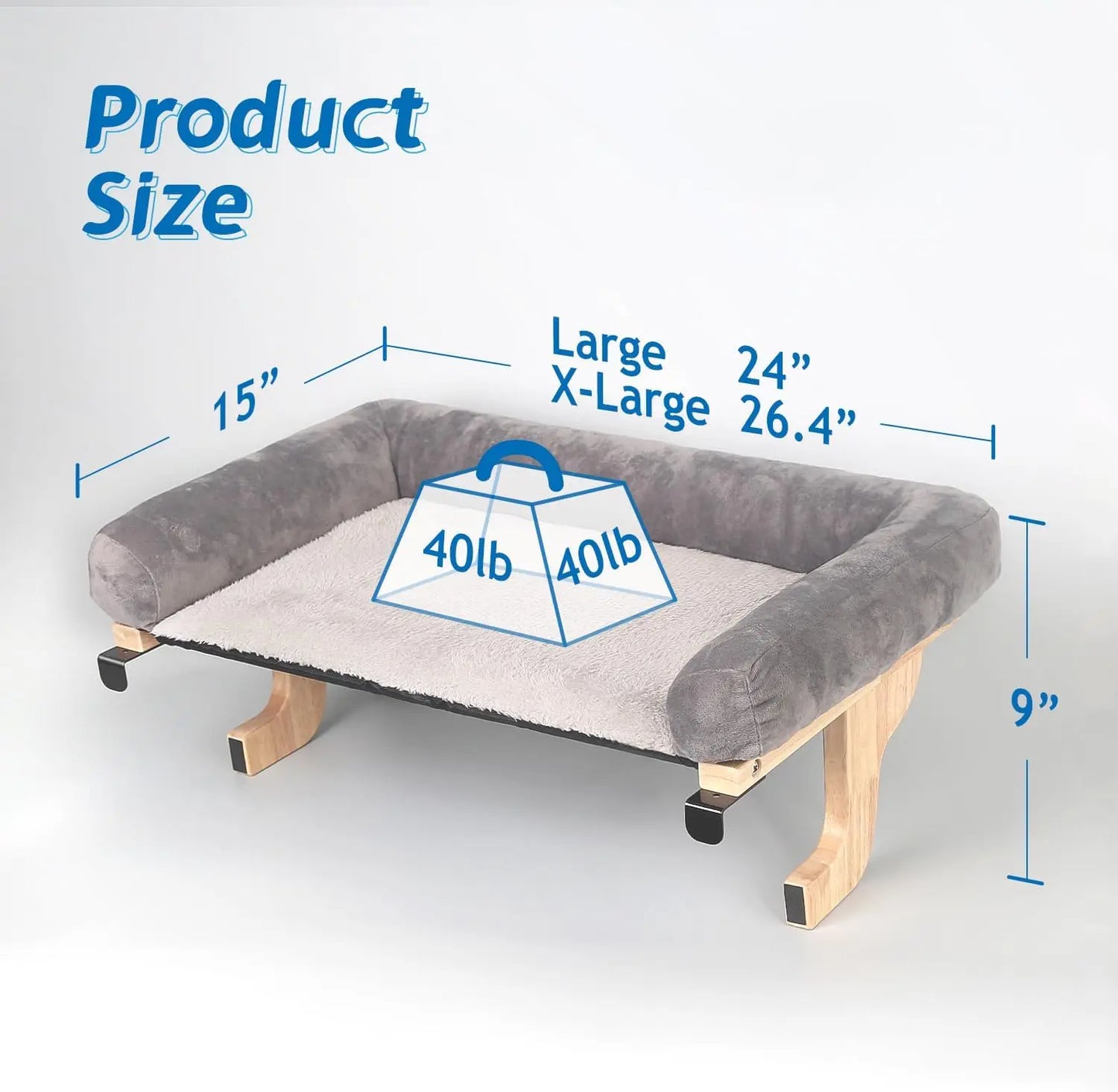 Cat Perch for Window Sill with Bolster - Orthopedic Hammock Design with Premium Hardwood & Robust Metal Frame - Cat Window Seat for Large Cats - Natural Color Wood Gray Bed, 26.4''W