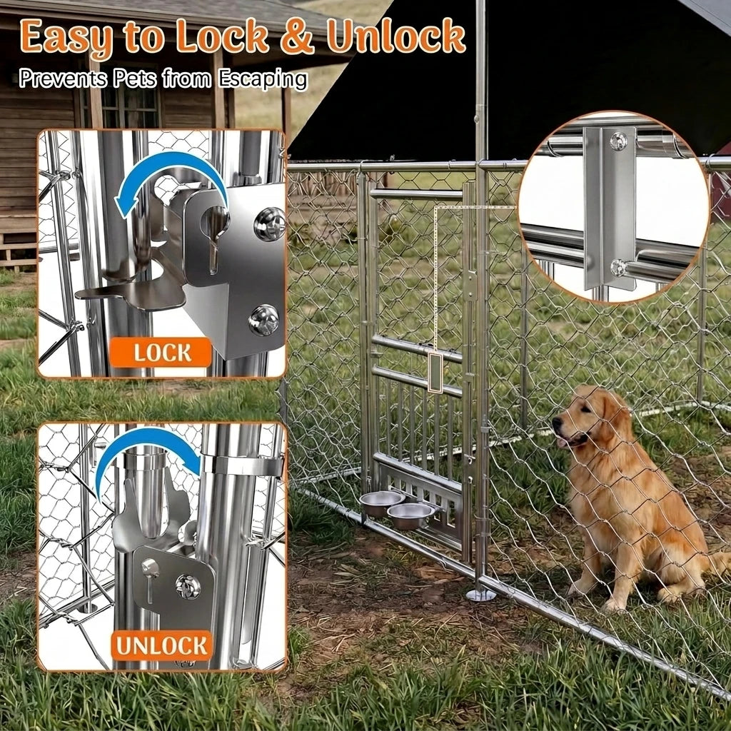 Dual-Openning Door Designed Heavy Duty Large Outdoor Dog Kennel with 200D Waterproof UV-Resistant Roof and 360° Rotate Dog Bowls