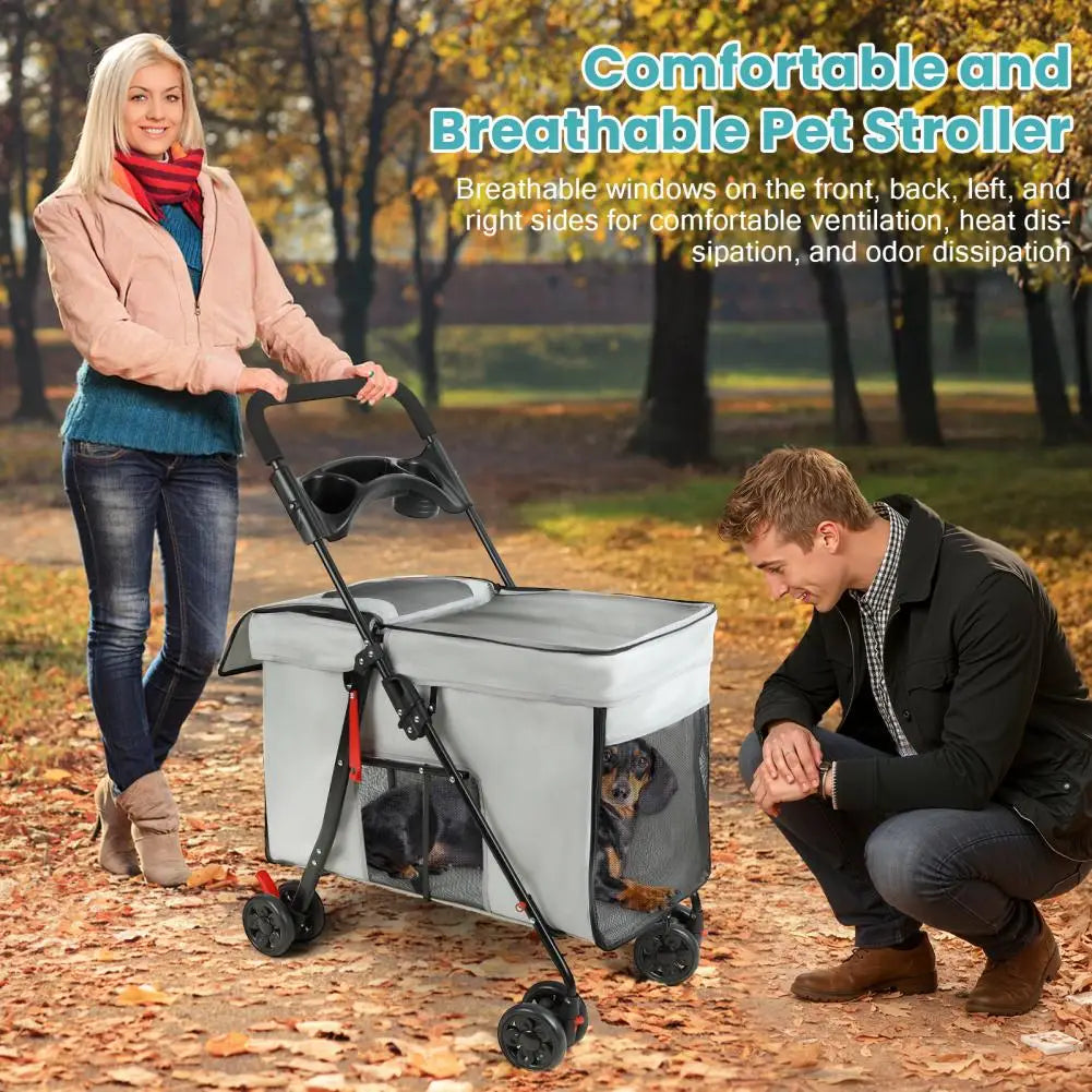 Foldable Cat Dog Stroller with Swivel Wheel, 5 Ventilation Windows & Removable Tray, Travel Pet Cart for Small/Medium Dog