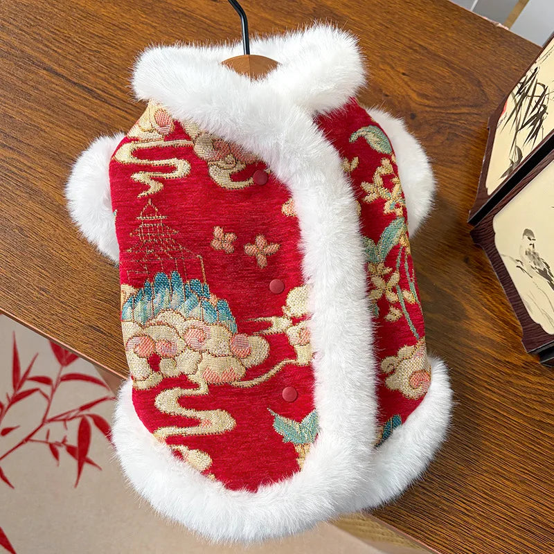 New Year's Pet Dog Cat Clothing Autumn Winter Thick Velvet Dog Red Vest Tang Clothing Teddy Bear Chinese Pet Cat VestCat Clothes