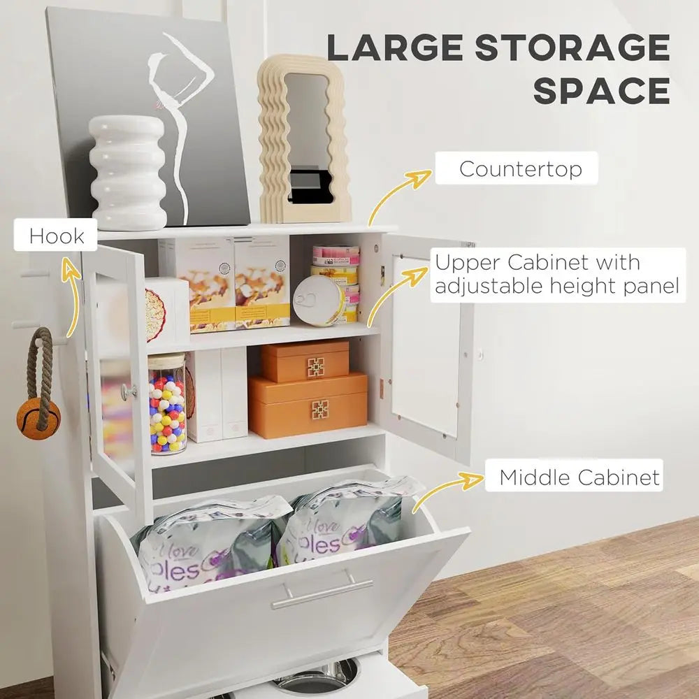 Dog Feeding Station with 2 Storage Cabi, Elevated Bowls, Side Hooks, Anti-tip Kit, Hidden Pet eeder Station or eeding & Watering,
