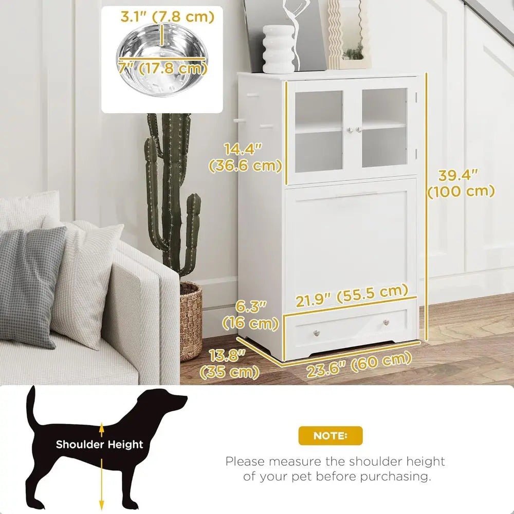 Dog Feeding Station with 2 Storage Cabi, Elevated Bowls, Side Hooks, Anti-tip Kit, Hidden Pet eeder Station or eeding & Watering,