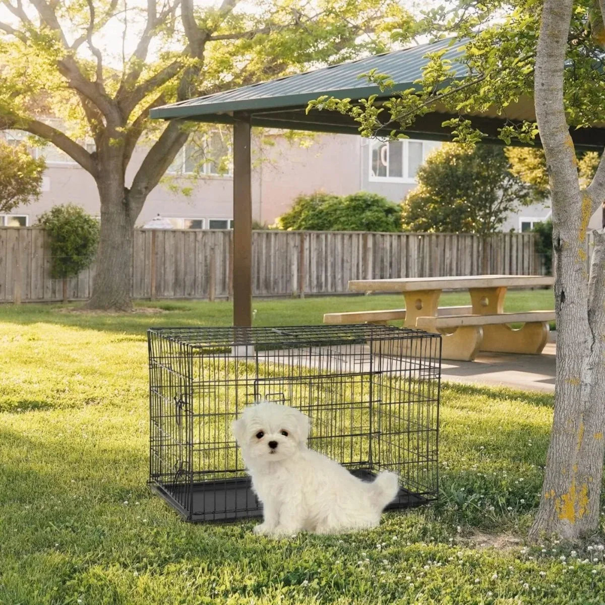 24 Inch Foldable Metal Dog Crate with Double Doors Divider Tray for Small Pets