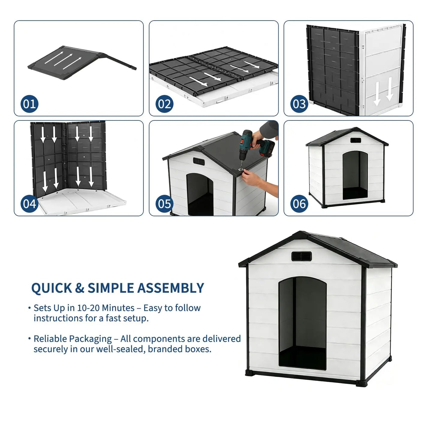 Outdoor Dog House, Waterproof Insulated Dog Kennel with Elevated Floor and Removable Roof, Durable Plastic Pet Shelter for Backyard, for Large Dogs, 46" L x 40" W x 40" H, Cement Gray