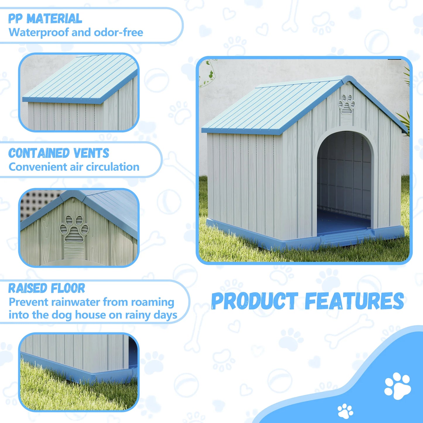 Small Basic Plastic Dog House, Weatherproof Indoor Outdoor Pet Shelter for Small Dogs