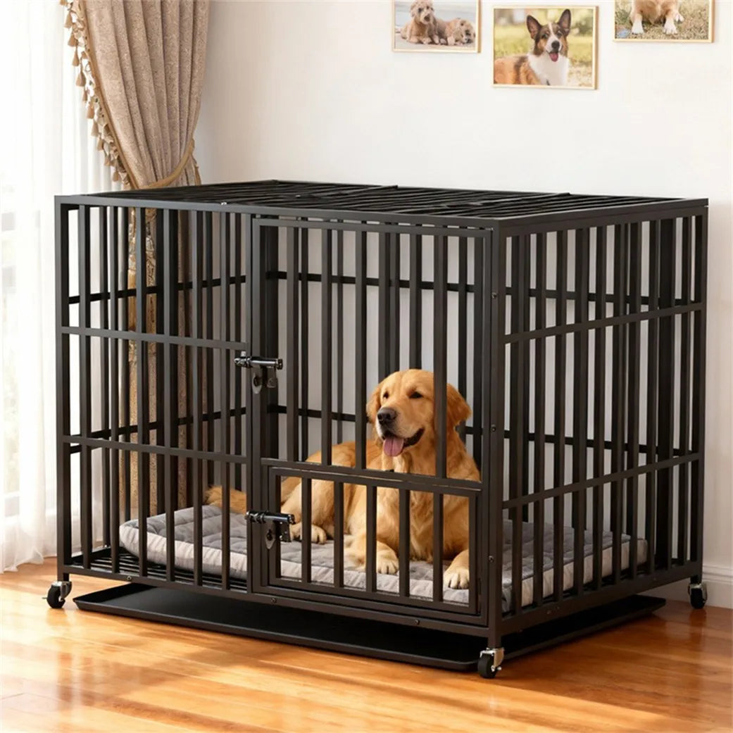 XXL XL Large Heavy Duty Dog Crate Strong Pet Cage Tear Resistant Square Tube Metal Kennel Playpen with Lockable Wheels and Tray