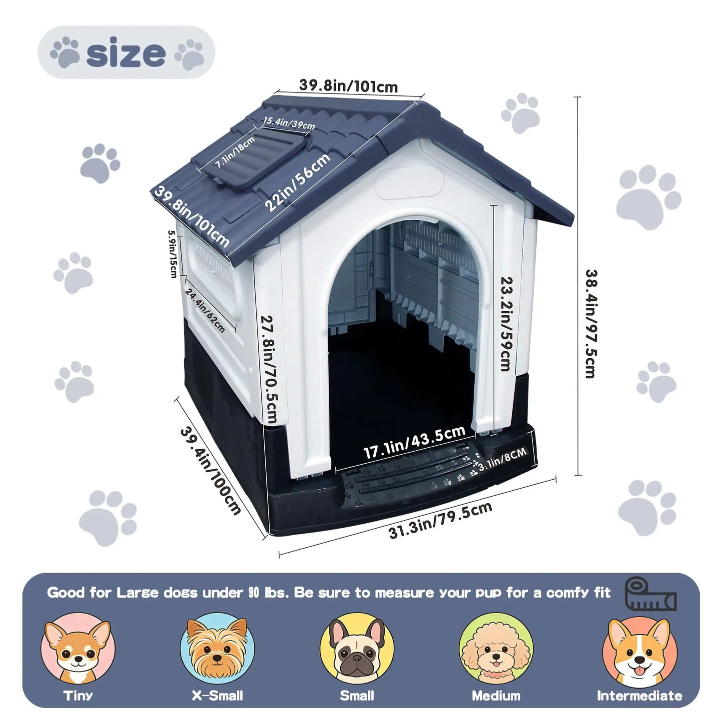 Waterproof Outdoor Dog House With Ventilation, Raised Floor And Openable Roof, Large Plastic Pet Shelter For Medium Dogs
