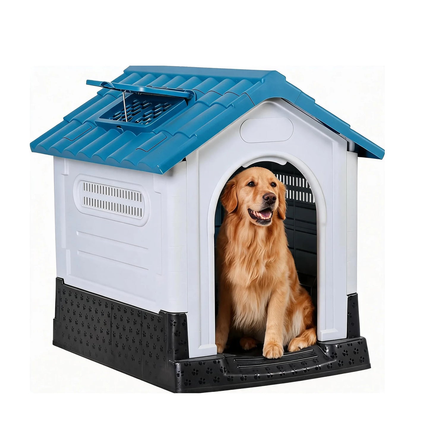 Waterproof Outdoor Dog House With Ventilation, Raised Floor And Openable Roof, Large Plastic Pet Shelter For Medium Dogs