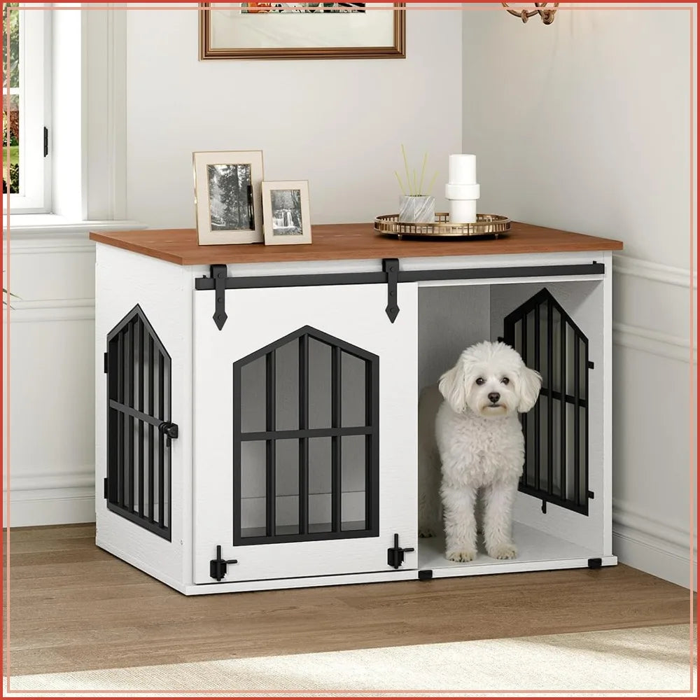 31.5" Farmhouse Dog Crate Furniture with Sliding Barn Door, Wooden Dog Cage for Small Medium Dogs, Decorative Pet House Side End Table, White and Walnut