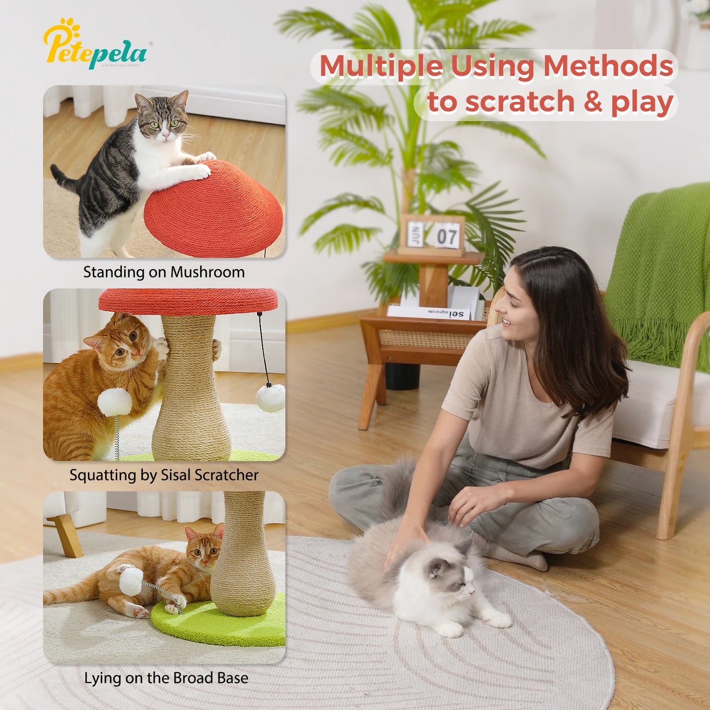 Mushroom Cat Scratching Post, Cat Scratcher Cute with 100% Sisal Covered Scratching Post & Pompoms Cat Toy, Mushroom Cat Post
