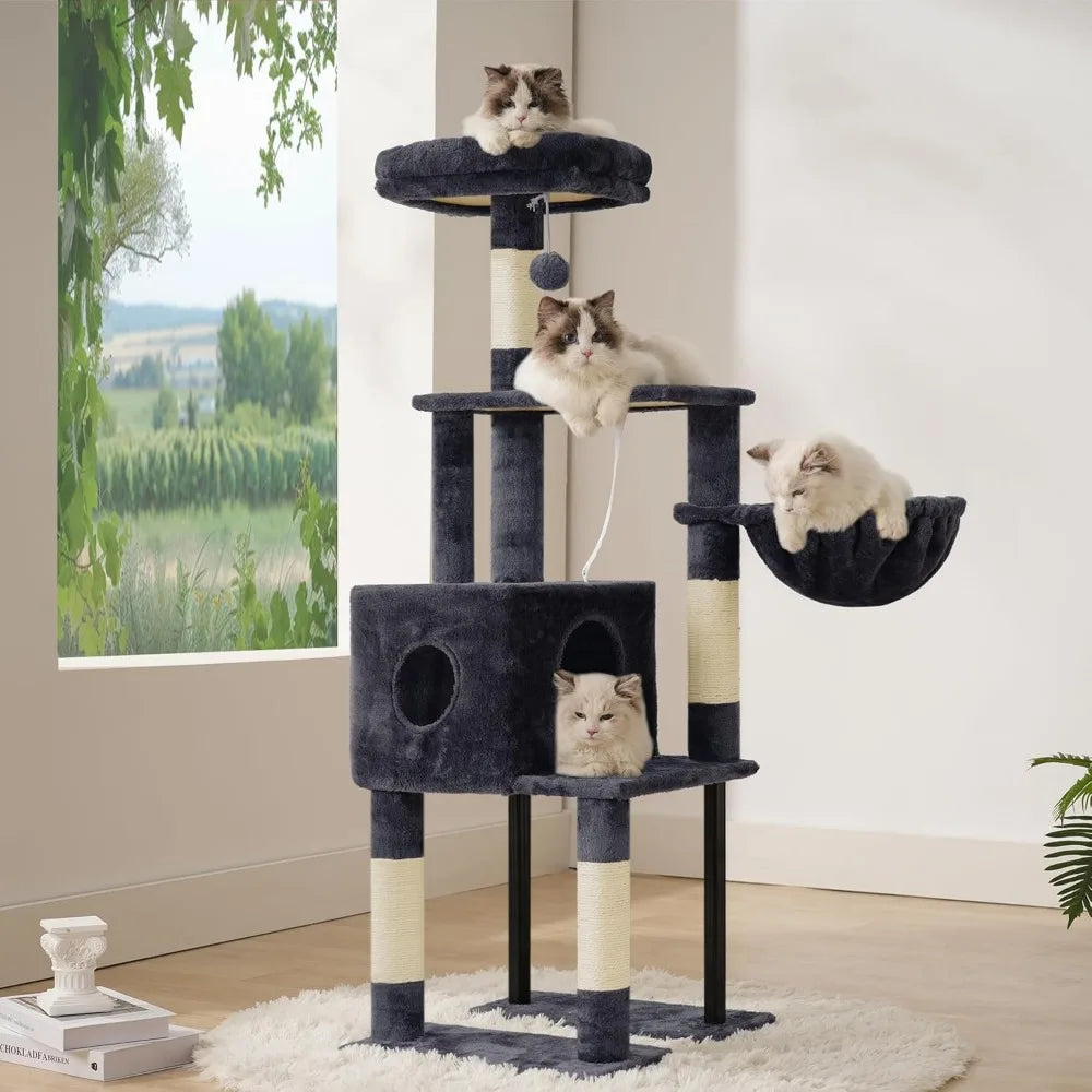 49In MultiLevel Cat Tower with Hidden Condo Steel Frame Plush Perch Hammock and Sisal Posts