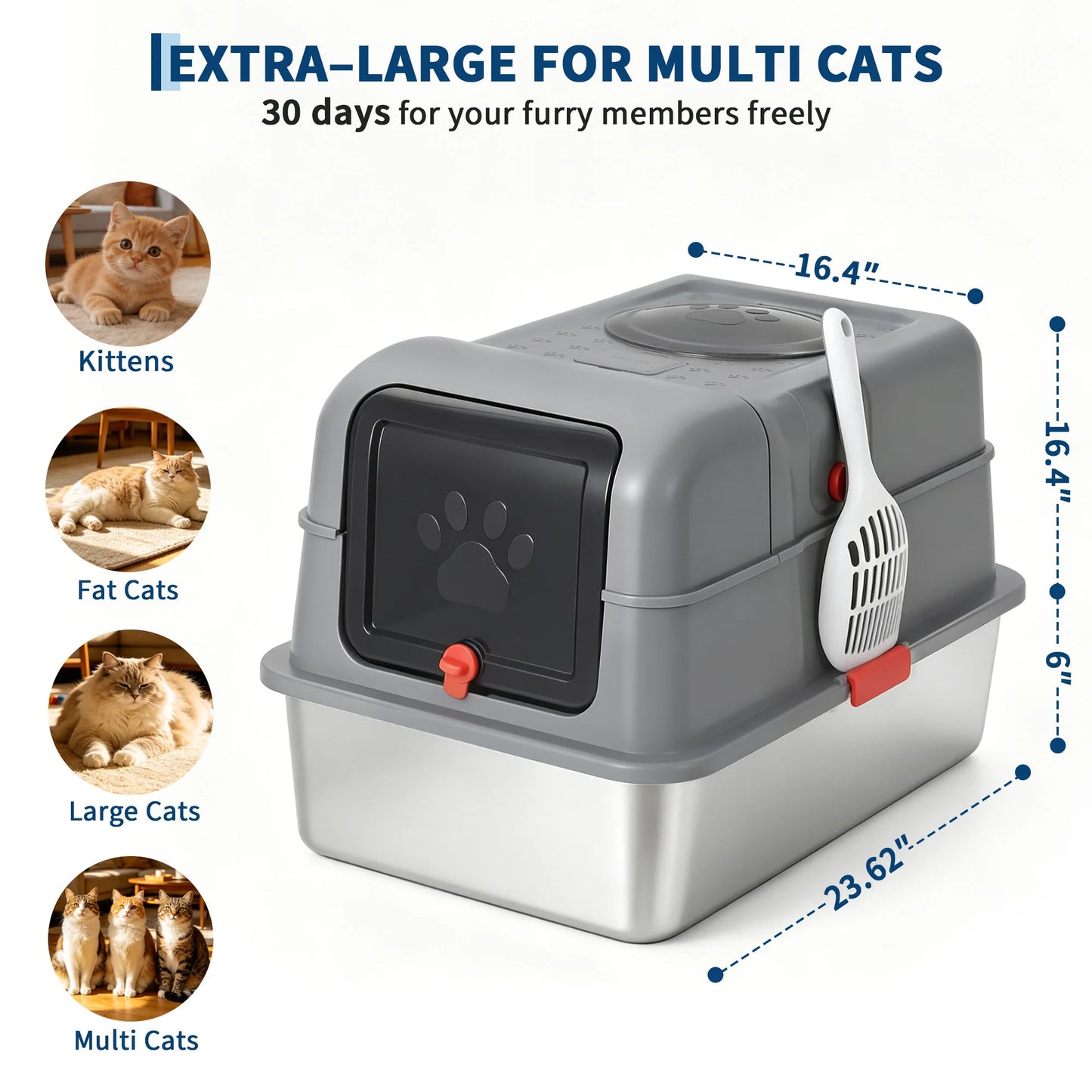 Dog Proof Litter Box Large Stainless Steel Cat Litter Box with Lid, XL Enclosed Metal Litter Pan, Front Entry Top Exit, High-Sided Anti-Leak, Includes Scoop for Big Cats & Multi-Cat Home